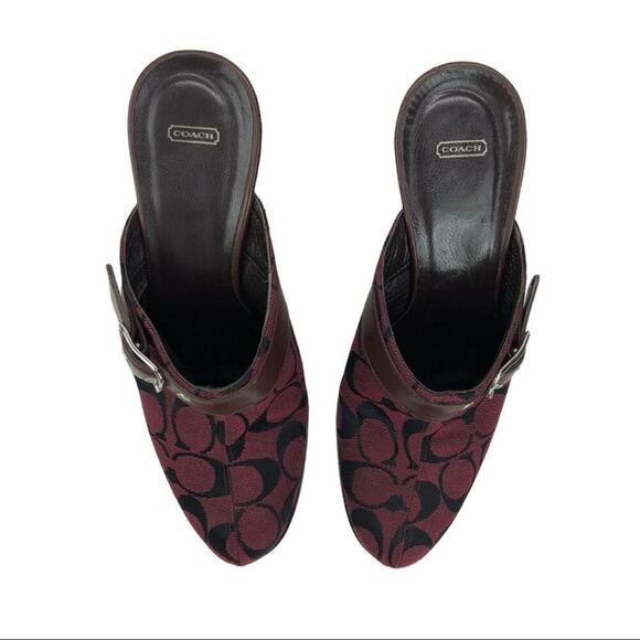 COACH Signature Monogram Canva Burgundy/wine Logo textile Bethany Wedge Mules 7 - Picture 13 of 16